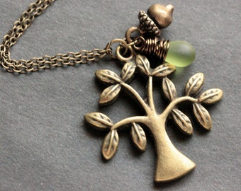 Tree Necklace. Bronze Tree and Acorn Charm Necklace with Wire Wrapped Teardrop. Handmade Jewelry.