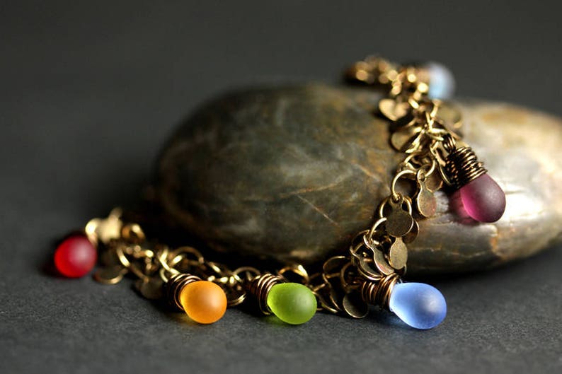 Handmade Jewelry. Cluster Bracelet Teardrop Bracelet Teardrop Charm Bracelet Bronze Bracelet Rainbow Bracelet