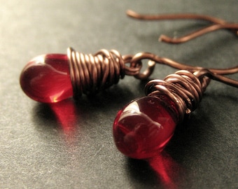 COPPER Earrings - Blood Red Earrings in Copper, Wire Wrapped Teardrop Earrings. Handmade Jewelry.