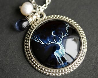 Ghost Deer Necklace. Deer Pendant with Dark Blue Teardrop and Fresh Water Pearl Charm. Deer and Moon Necklace. Handmade Necklace.