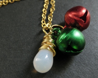 Jingle Bells Necklace. Holiday Necklace in Red and Green. Christmas Necklace. Gold Necklace. Handmade Jewelry.