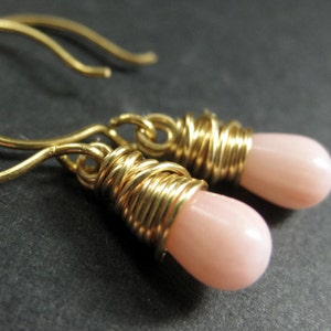 Teardrop Earrings. Pink Coral Earrings. Pink Wire Wrapped Earrings in Gold. Handmade Jewelry. image 3