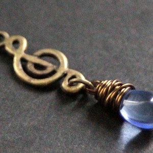 Music Necklace. Treble Clef Necklace. Blue Teardrop Necklace. Musical Note Necklace in Bronze. Handmade Jewelry.