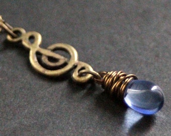 Music Necklace. Treble Clef Necklace. Blue Teardrop Necklace. Musical Note Necklace in Bronze. Handmade Jewelry.