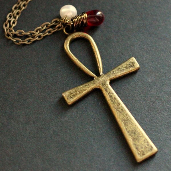 Ankh Cross Necklace. Egyptian Hieroglyph Necklace. Ankh Necklace. Key of Life Necklace. Bronze Necklace. Charm Necklace. Handmade Jewelry.