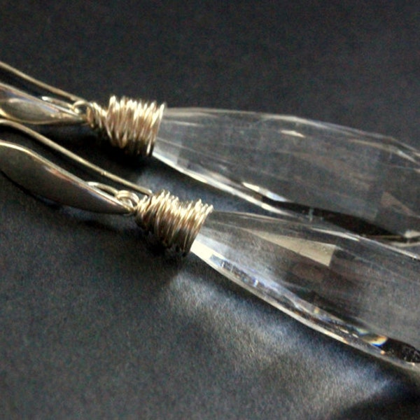 Long Earrings. Crystal Clear Teardrop Earrings. Extra Long Earrings Wire Wrapped in Silver. Handmade Jewelry.