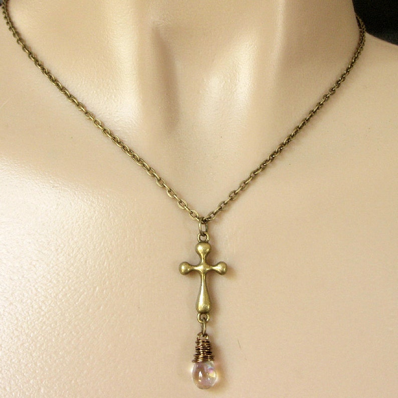 Christian Necklace. Clear Teardrop Necklace. Bronze Cross Necklace. Handmade Jewelry. image 3