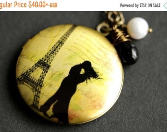 VALENTINE SALE Love In Paris Locket Necklace. Eiffel Tower Necklace with Black Teardrop and Fresh Water Pearl. Romantic Paris Necklace. Hand