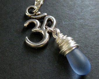 Ohm Necklace in Silver. Yoga Necklace. Teardrop Necklace. Yoga Jewelry. Clouded Blue Necklace. Handmade Jewelry.