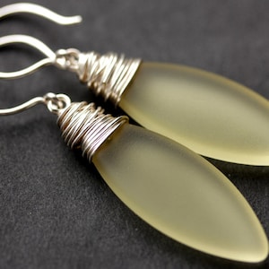 Pale Yellow Seaglass Earrings. Seaglass Dangle Earrings. Marquis Style Frosted Earrings. Wire Wrapped Earrings. Handmade Jewelry. image 1