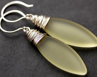 Pale Yellow Seaglass Earrings. Seaglass Dangle Earrings. Marquis Style Frosted Earrings. Wire Wrapped Earrings. Handmade Jewelry.