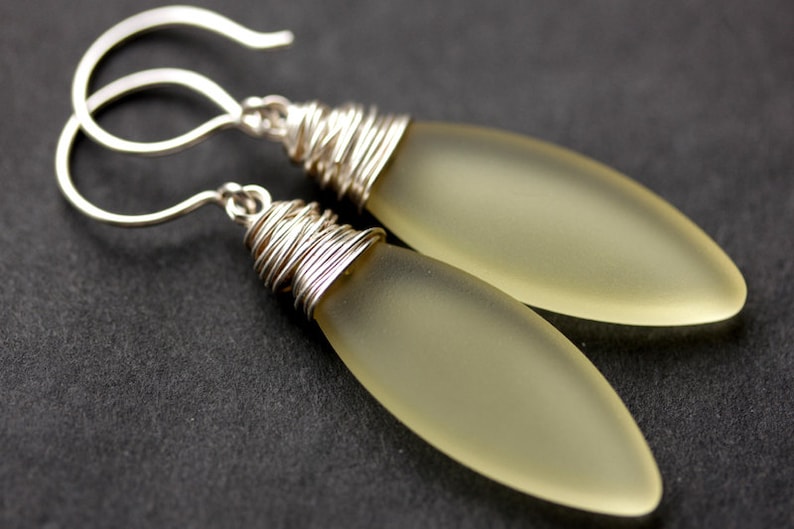Pale Yellow Seaglass Earrings. Seaglass Dangle Earrings. Marquis Style Frosted Earrings. Wire Wrapped Earrings. Handmade Jewelry. image 1