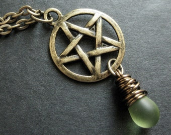 Frosted Green Teardrop Necklace. Wicca Jewelry. Bronze Pentacle Necklace. Handmade Jewelry.