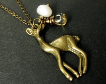 Woodland Deer Necklace in Bronze with Wire Wrapped Teardrop and Fresh Water Pearl. Handmade Jewelry.