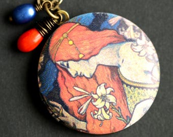 L'Ermitage Locket Necklace. Art Nouveau Necklace. Paul Berthon Necklace with Orange Coral Teardrop and Cobalt Blue Pearl. Bronze Locket.