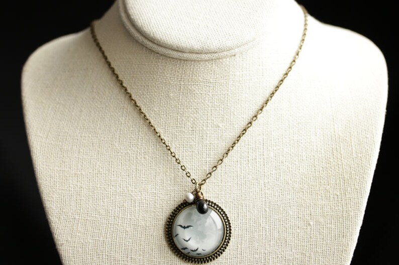 Halloween Bats Necklace with Black Teardrop and Gray Pearl Full Moon Necklace Bronze Necklace. Flying Bats Necklace Halloween Necklace