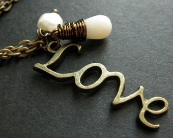 Love Necklace. Love Pendant. Love Charm Necklace with White Coral Teardrop and Pearl. Handmade Jewelry.