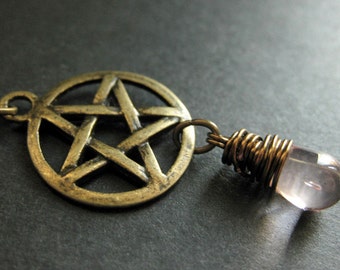 Wiccan Necklace. Pink Necklace. Bronze Pentagram Necklace. Teardrop Pendant Necklace. Handmade Jewelry.