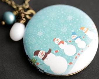 Happy Family Snowman Locket Necklace. Cheerful Snowman Necklace with White Teardrop and Teal Fresh Water Pearl Charm. Fun Christmas Jewelry.