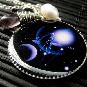 Libra Necklace. Sun Sign Pendant. Zodiac Jewelry with Purple Teardrop and Fresh Water Pearl. Handmade Jewelry.