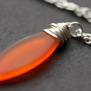 Orange Seaglass Necklace. Orange Necklace. Orange Frosted Glass Necklace. Marquis Necklace in Silver. Handmade Jewelry.