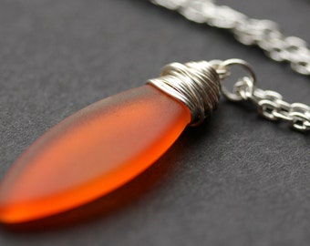 Orange Seaglass Necklace. Orange Necklace. Orange Frosted Glass Necklace. Marquis Necklace in Silver. Handmade Jewelry.