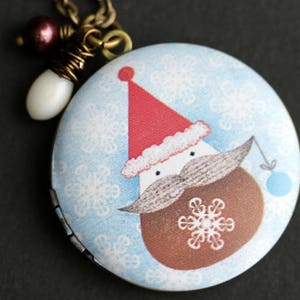 Holiday Santa Locket Necklace. Santa Necklace. Christmas Necklace with White Coral Teardrop and Fresh Water Pearl. Holiday Jewelry.