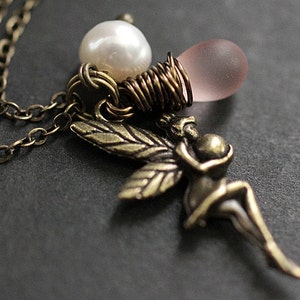 Fairy Necklace. Bronze Faery Necklace with Frosted Pink Teardrop and Fresh Water Pearl. Handmade Jewellery.