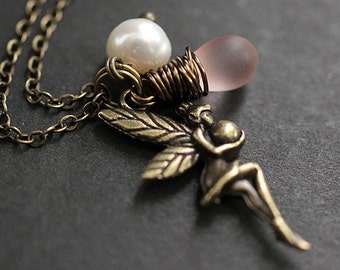 Fairy Necklace. Bronze Faery Necklace with Frosted Pink Teardrop and Fresh Water Pearl. Handmade Jewellery.