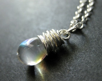 Iridescent Clear Teardrop Necklace in Silver. Bridesmaid Jewelry. Wire Wrapped Teardrop Pendant . Handmade Necklace.