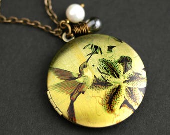 Hummingbird Locket Necklace. Hummingbird Necklace with Earthy Green Teardrop and Fresh Water Pearl. Bird Necklace. Bronze Locket.