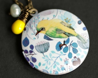 Yellow Bird Locket Necklace. Yellow and Blue Bird Necklace with Yellow Teardrop and Fresh Water Pearl Charm. Bronze Necklace.