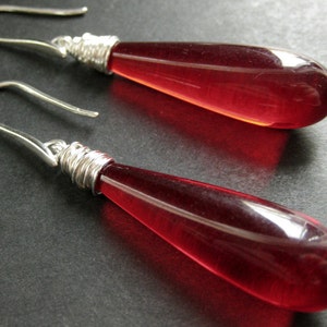 Long Earrings. Red Earrings. Extra Long Dangle Earrings Wire Wrapped in Silver. Handmade Jewelry. image 1