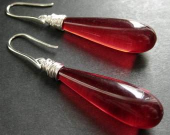 Long Earrings. Red Earrings. Extra Long Dangle Earrings Wire Wrapped in Silver. Handmade Jewelry.