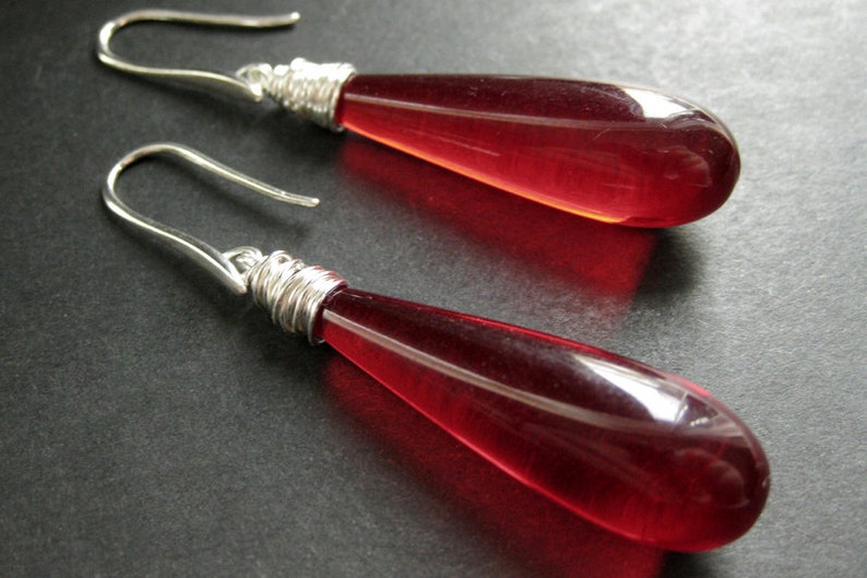 Long Earrings. Red Earrings. Extra Long Dangle Earrings Wire Wrapped in Silver. Handmade Jewelry. image 1