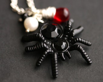 Black Spider Necklace. Gothic Necklace. Halloween Necklace. Creepy Spider Charm Necklace with Glass Teardrop and Fresh Water Pearl.