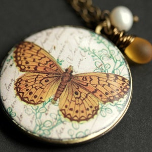 Moth Locket Necklace. Orange Moth Necklace with Glass Teardrop and Fresh Water Pearl. Bronze Locket. Orange Necklace. Handmade Necklace.