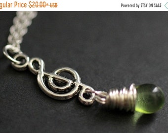 SUMMER SALE Treble Clef Necklace. Music Necklace. Green Teardrop Necklace. Musical Note Necklace in Silver. Handmade Jewelry.