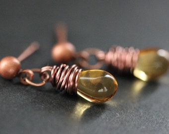 Copper Earrings - Honey Teardrop Earrings. Stud Earrings. Dangle Earrings. Post Earrings. Handmade Jewelry.