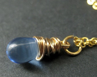 Blue Necklace. Blue Teardrop Necklace Wire Wrapped in Gold. Bridesmaid Jewelry. Handmade Necklace.