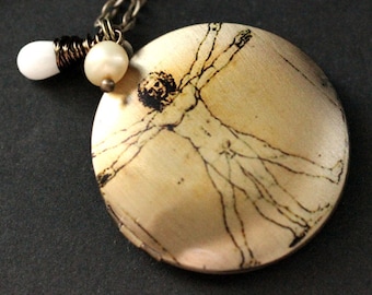 Locket Necklace. Leonardo DaVinci Necklace with Coral Teardrop and Pearl. Da Vinci's Vitruvian Man Locket Necklace. Handmade Jewelry.