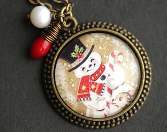 Happy Snowman Necklace. Christmas Pendant. Holiday Necklace with Red Coral Teardrop and Pearl Charm. Christmas Necklace. Bronze Necklace.