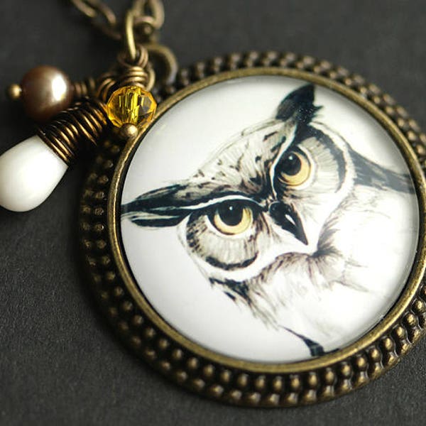 Horned Owl Necklace. Gray Owl Pendant. Bird Necklace with White Coral Teardrop, Yellow Crystal, Taupe Fresh Water Pearl. Bronze Necklace.