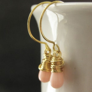Teardrop Earrings. Pink Coral Earrings. Pink Wire Wrapped Earrings in Gold. Handmade Jewelry. image 4