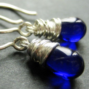 STERLING SILVER Earrings - Cobalt Blue Earrings. Wire Wrapped Teardrop Earrings. Handmade Jewelry.