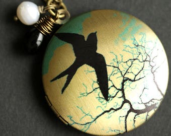 Bird Locket Necklace. Flying Sparrow Necklace with Black Teardrop and Fresh Water Pearl. Bird Necklace. Bronze Locket. Handmade Jewelry.