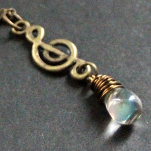 Treble Clef Necklace. Clear Teardrop Necklace. Musical Note Necklace. Musician Necklace in Bronze. Handmade Jewelry.