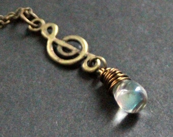 Treble Clef Necklace. Clear Teardrop Necklace. Musical Note Necklace. Musician Necklace in Bronze. Handmade Jewelry.