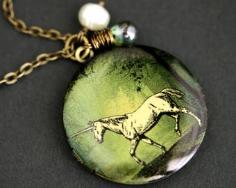 White Unicorn Locket Necklace. Unicorn Necklace with Earthy Green Teardrop and Fresh Water Pearl Charm. White Horse Necklace. Bronze Locket.