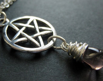 Purple Necklace. Wiccan Jewelry. Teardrop Pendant Necklace. Silver Pentagram Necklace. Handmade Jewelry.